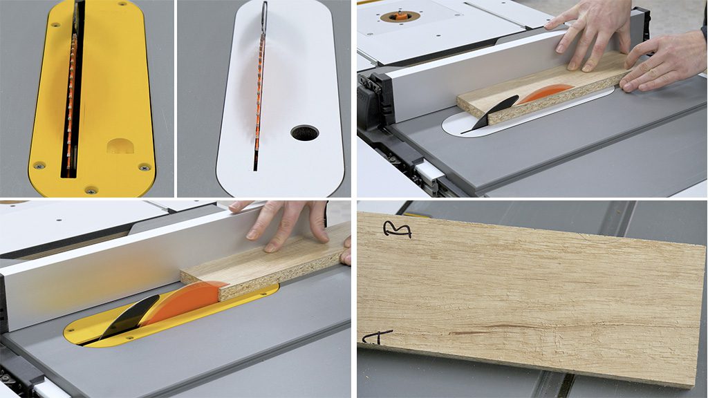 Cut-test-board-melamina-zero-clearance-table-saw-insert-homemade-dewalt