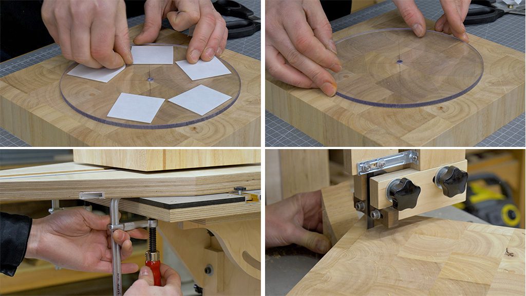 Cut-circles-without-hole-jig-cutting-board-double-sided-tape-band-saw