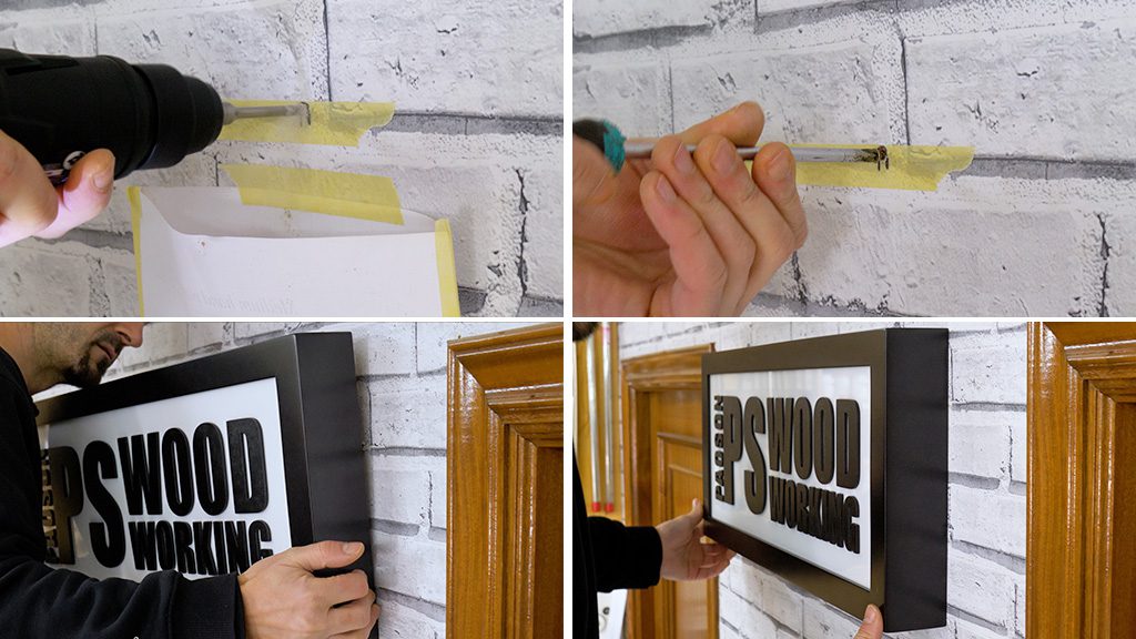 How-install-box-sign-light-logo-hanger-keyhole-wall